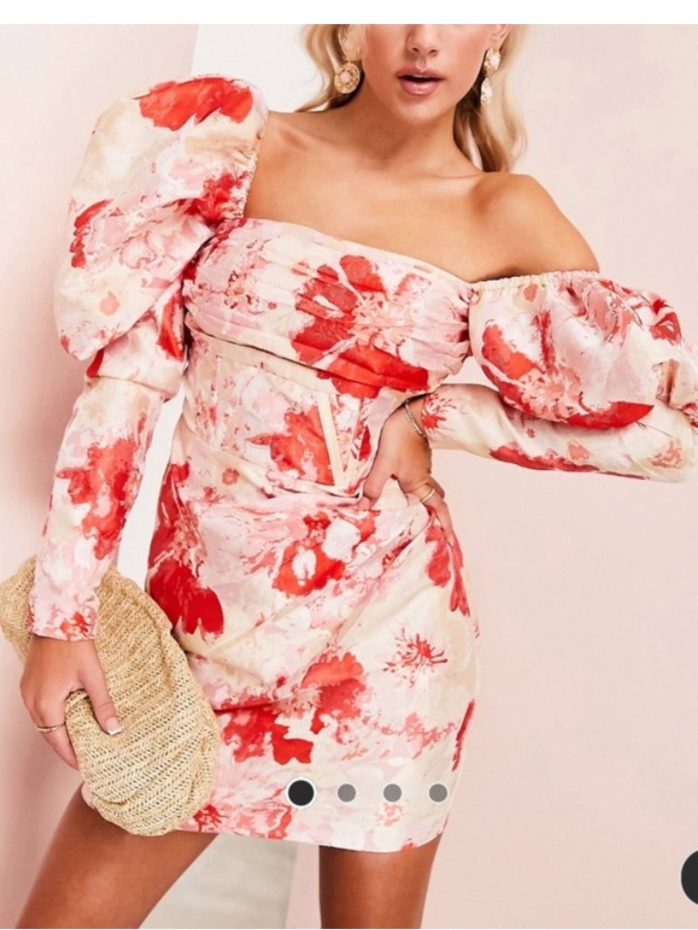 ASOS LUXE Puff Sleeve with Fallen Shoulder mini dress in floral jacquard size 20